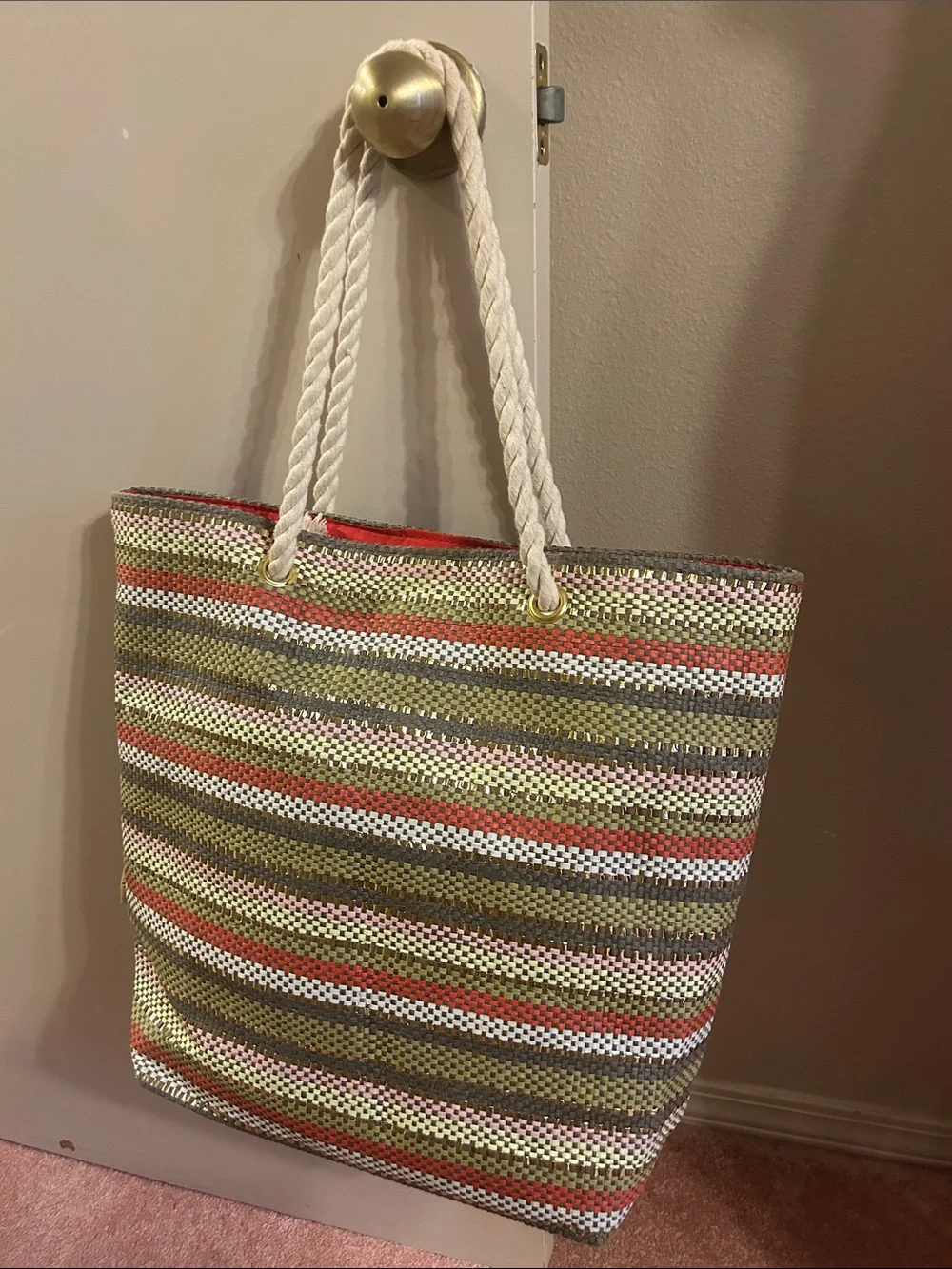 Vera Striped Rope-Handle Tote in Red, Olive, White